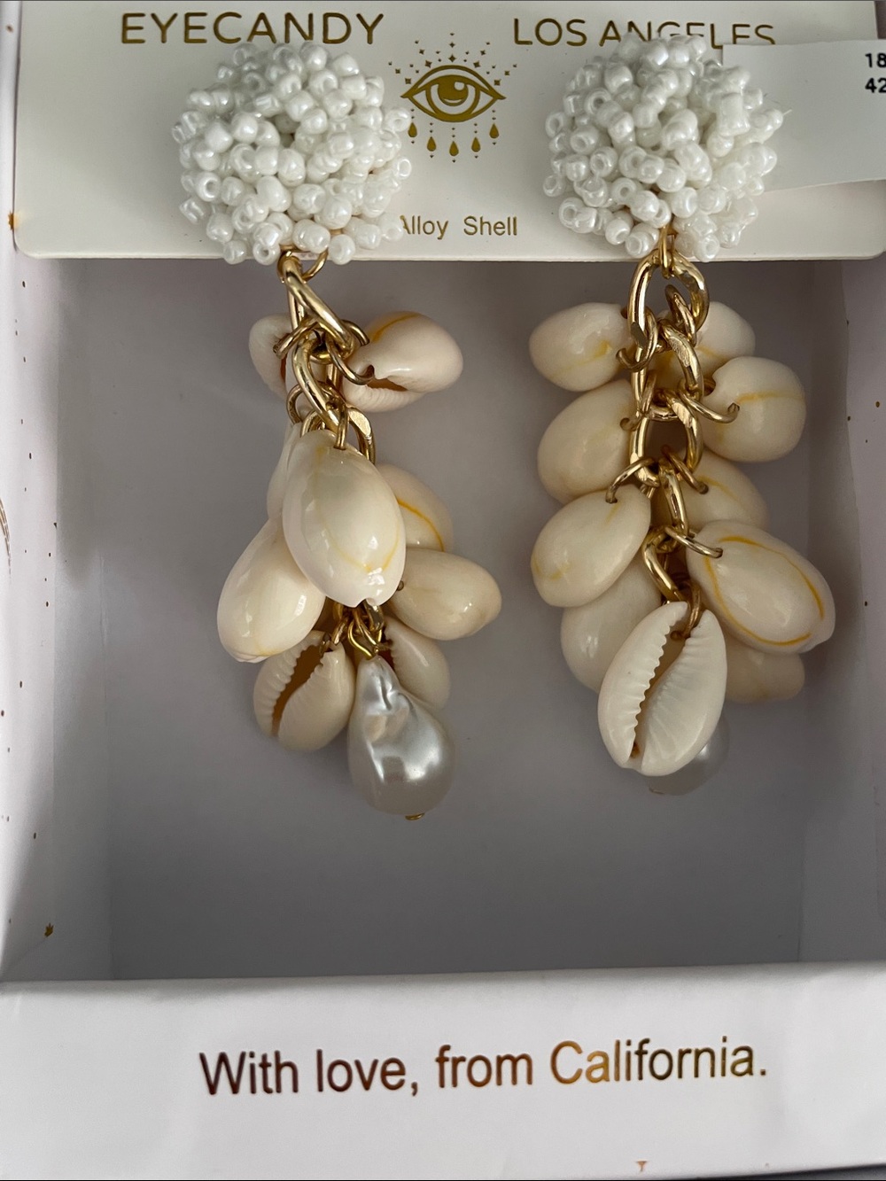 EyeCandy Los Angeles Cream Shell Cluster Drop Earrings with Gold Accents